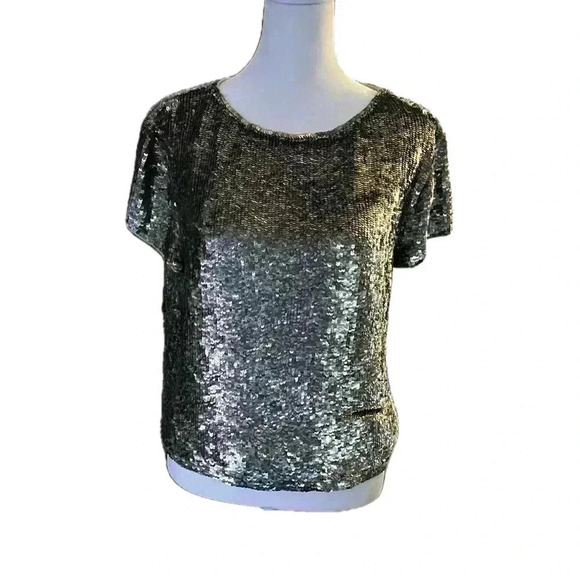 Alice + Olivia Silver Sequin Top - Sarita Short Sleeve Blouse Small Petite - Picture 2 of 12